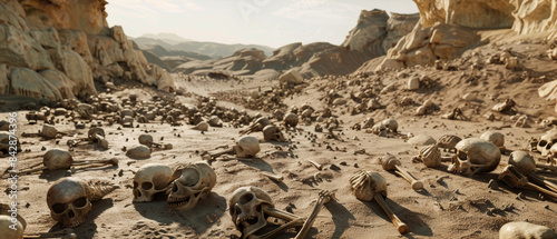 A desolate landscape strewn with skeletal remains under a pale sun, evoking a post-apocalyptic or historical eerie atmosphere.