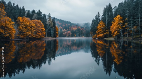 A serene lake surrounded by autumn trees, the water perfectly still reflecting the colorful foliage, calm and picturesque scene, photography captured with a Canon EOS 6D with 35mm lens