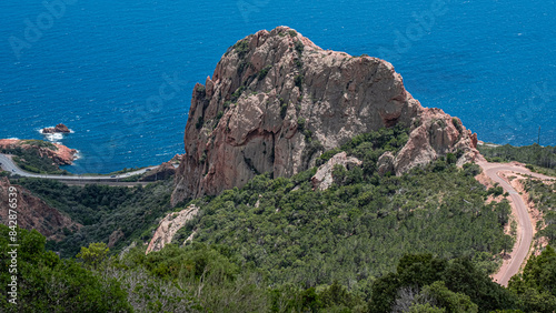 Massif de l'Esterel, a volcanic mountain range on the Mediterranean Sea coast on the French Riviera, located near Cannes on the east and Saint-Rafael on the west, France