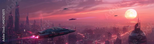 Futuristic aircrafts flying over a sleek, glowing city on an alien planet with pastel skies, Digital Art, Vibrant, SciFi 8K , high-resolution, ultra HD,up32K HD