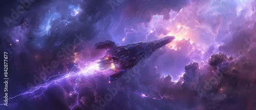 Sleek spacecraft in a lightning storm within a nebula, with vivid purple and blue hues, SciFi, Digital Illustration, High Contrast, Electric Atmosphere 8K , high-resolution, ultra HD,up32K HD