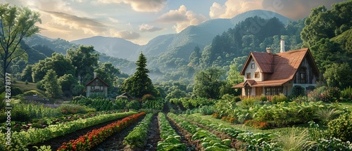 Picturesque garden with rows of vegetables, a quaint farmhouse, and surrounding forested hills, creating a peaceful rural setting, Fantasy, Digital Art, Pastel Colors, Intricate Details 8K , high-reso