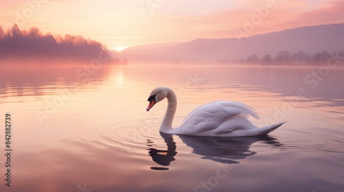 Graceful swan gliding on a serene lake at sunset, with a colorful sky reflected in the water, creating a peaceful and tranquil scene.