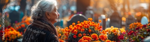 Senior woman in a cemetery with vibrant flowers, gazing at headstones in the soft autumn light, Reflective, Photography, Warm Colors, High Detail 8K , high-resolution, ultra HD,up32K HD