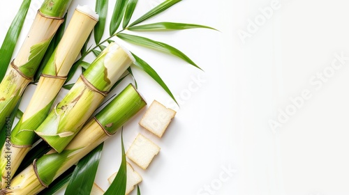 Fresh sugar cane and leaves isolated on a white background with space for text cut sugarcane pieces for planting