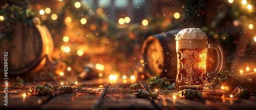Rustic brewery scene with beer barrels, hops, and a frothy beer mug on a wooden table, illuminated by warm fairy lights, Realism, Digital Art, Warm Tones, High Detail 8K , high-resolution, ultra HD,up