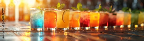 Glasses of vibrant cocktails lined up on a table, with sunlight pouring in and creating a cheerful ambiance, Modern, Photography, Bright Colors, Clear Focus 8K , high-resolution, ultra HD,up32K HD