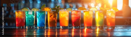 Glasses of vibrant cocktails lined up on a table, with sunlight pouring in and creating a cheerful ambiance, Modern, Photography, Bright Colors, Clear Focus 8K , high-resolution, ultra HD,up32K HD