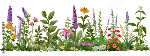 Herbaceous borders featuring a mix of perennials and biennials, each with coordinating flowers and leaves, isolated on white background