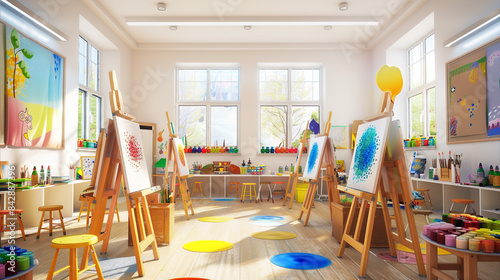 A bright and airy art classroom with easels and colorful paint supplies.