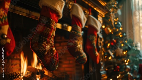 Christmas stockings hanging from a fireplace.