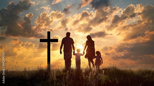 Family silhouette walking towards cross at sunset symbolizing faith and unity. Concept Family Portraits, Silhouette Photography, Sunset backdrop, Symbolic Imagery, Unity and Faith