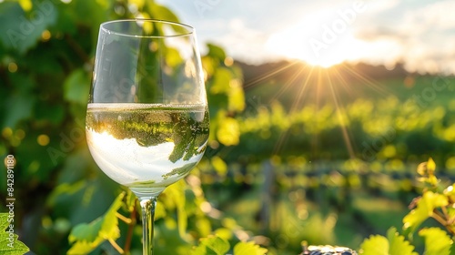 White Wine in a Glass with a Sunny Vineyard Background. Concept Wine Tasting, Vineyard Landscape, Glassware Photography, Wine Lover's Delight, Wine Country Views