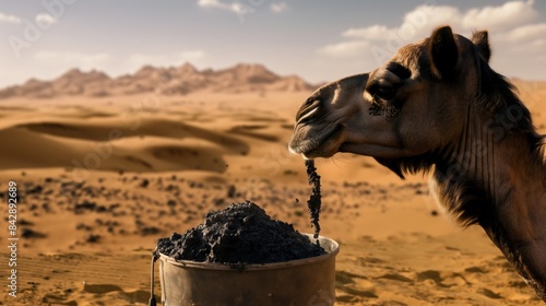 a camel in the desert looks at a bucket filled with black petroleum