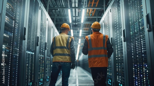 Two technicians in safety vests and hard hats inspect servers in a modern data center with glowing lights. Saver it digital