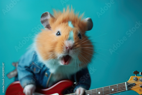  Humorous Red Hamster Strums A Guitar And Sings A Song Against A Vibrant Backdrop