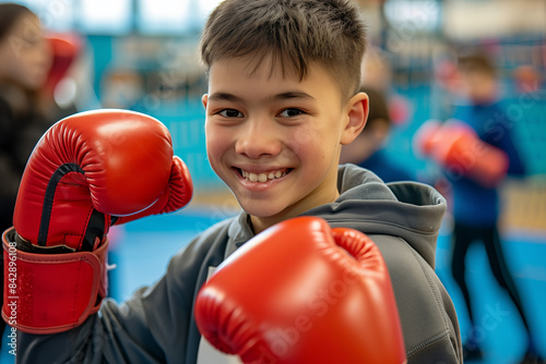 Smiling teenager boy in red boxing or kickboxing gloves during a lesson at a children's sports school. Generative AI.