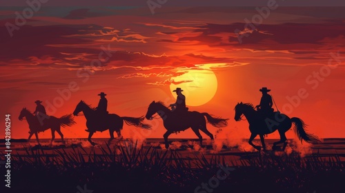 Silhouette showdown horse riders vs cowboys galloping at sunset, team battle on the horizon