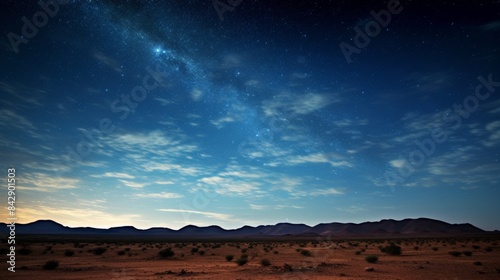 Stunning night sky over a desert landscape with mountains in the distance and a dramatic display of stars and clouds.