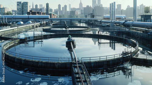 Infrastructure of a Water Treatment Plant with Circular Tanks and Pipes in City Environment