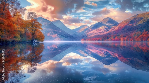 Scenic autumn landscape featuring majestic mountains, vibrant fall foliage, and a crystal-clear reflective lake under a bright blue sky.