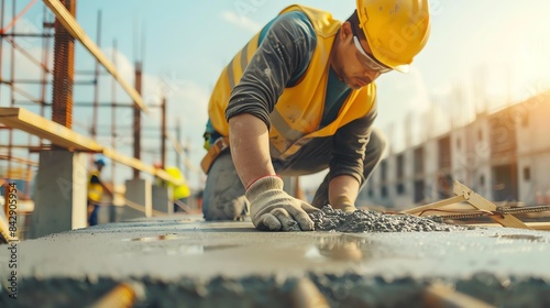 Construction worker smoothing fresh concrete