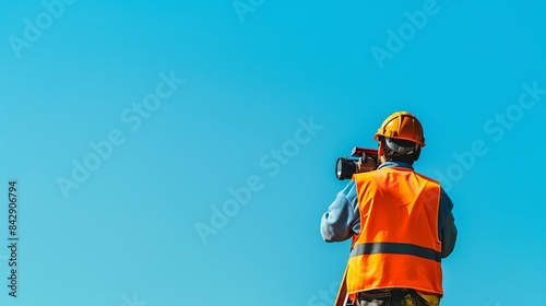 Worker with a theodolite at a construction site, dressed in highvisibility vest and helmet, clear blue sky, industrial setting, isolated, accuracy in surveying, copy space