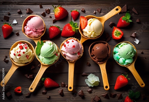 delicious homemade ice cream scoops various flavors waffle cones, creamy, vanilla, chocolate, strawberry, mint, scooping, serving, refreshing, summer, snack