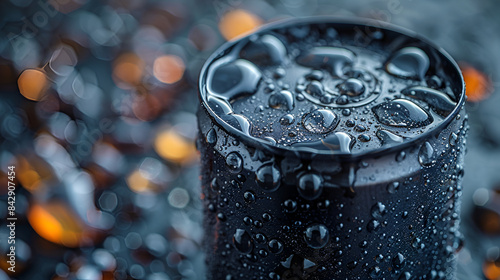 Closeup view of black colour cans of fresh soda with water drops