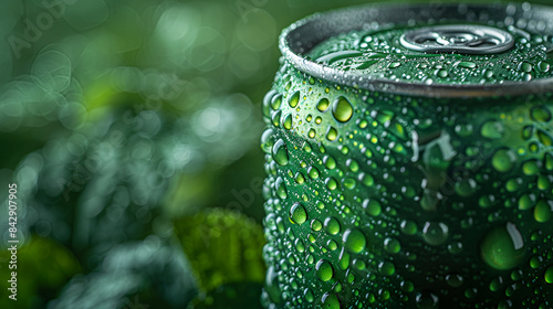 Closeup view of green colour cans of fresh soda with water drops
