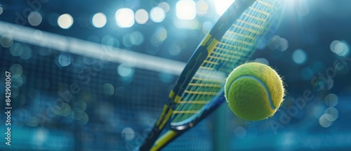 Close-up of a tennis racket hitting a tennis ball in action during a match under bright stadium lights.