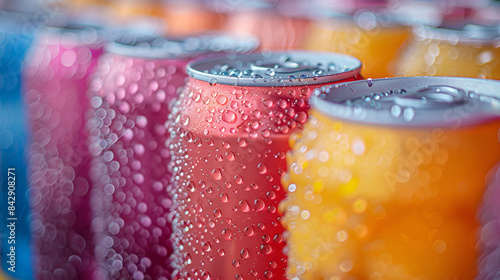 Closeup view of multi colour cans of fresh soda with water drops