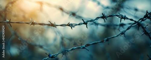 Close-up of barbed wire with blurred background, highlighting the texture and detail of the wire against a softly lit backdrop.