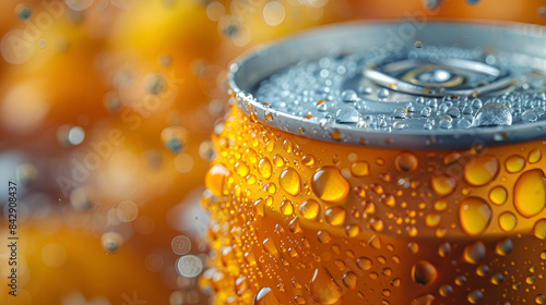 Closeup view of orange colour cans of fresh soda with water drops