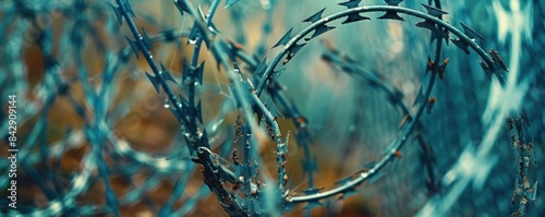 Close-up of intertwined barbed wire with shallow depth of field, showcasing a blurred background and detailed, sharp edges in an abstract pattern.