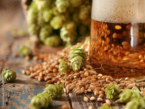 Brewing Perfection: Close-Up of Hops and Barley with Craft Beer Glass