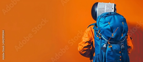Butterscotch background, cobalt blue backpack brimming with fencing foils and protective gear, space for text, overhead perspective.