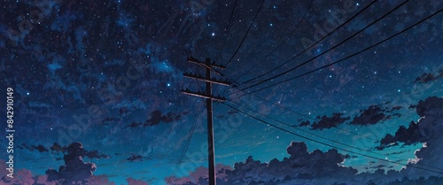 Power pole on dreamy night sky lo fi chill wallpaper. Anime style