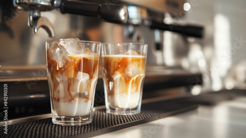 Two glasses of coffee with milk and ice stand on the bar counter in a cafe