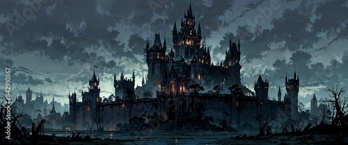 Gothic cyberpunk lo-fi dystopia city and castle Street view of dark goth post apocalyptic overgrowth cityscape atmosphere with palace at night with fog and haze sky. Anime style