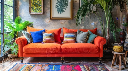 An orange sofa with colorful pillows sits in a room with large windows and tropical plants