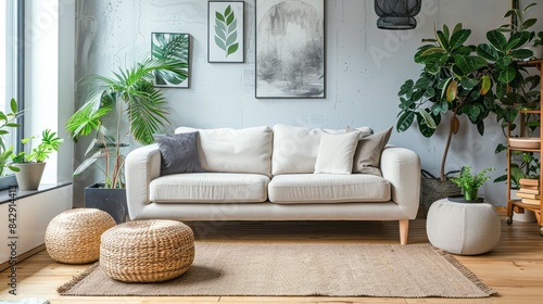 A modern living room with a white sofa, two rattan ottomans, and a large plant in a corner