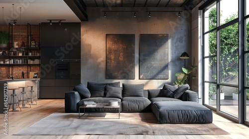 A modern living room with a large sectional sofa, abstract paintings, and an industrial-style kitchen counter. Natural light streams in from a large window