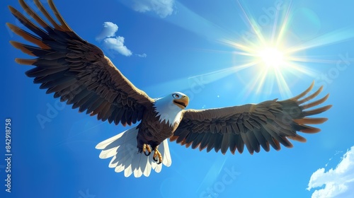 Cute cartoon eagle spreading its wings wide, flying towards a shining sun against a blue sky with a few fluffy clouds.