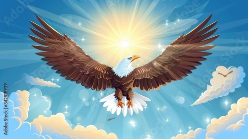 Cute cartoon eagle spreading its wings wide, flying towards a shining sun against a blue sky with a few fluffy clouds.