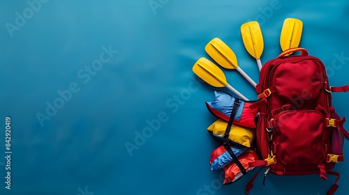 Iceberg blue background, crimson school backpack filled with dragon boat racing paddles and life vests, space for text, from above.
