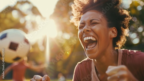 Happy mother cheering at her child's soccer game on a sunny afternoon