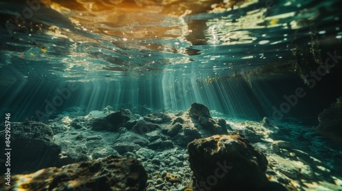 A photographers perspective of a halocline in a cenote with curious underwater shadows adding depth to the image.