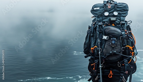 Ocean mist background, jet black backpack with paraglider harnesses and altimeters, space for text on top, high angle.
