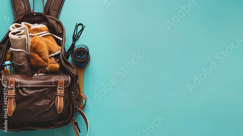 Pale turquoise background, chocolate brown backpack filled with equestrian riding gear and grooming supplies, space for text, from above.
